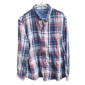 US Polo Assn Mens Large Plaid Button Down Shirt Navy Blue Red Flannel Long Sleev